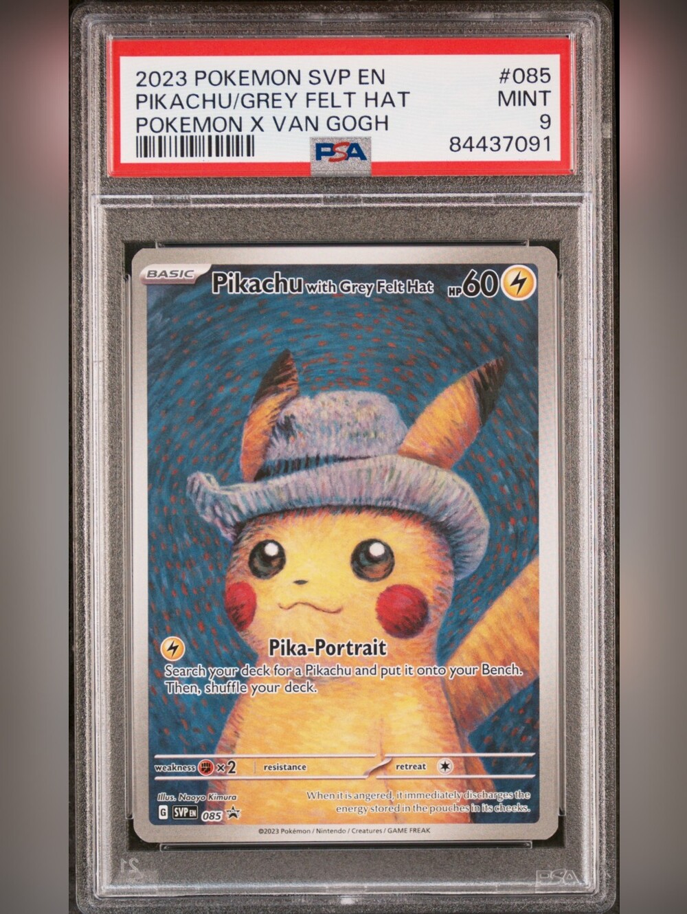 PSA 9 Pikachu Grey Felt Hat Van Gogh Pokémon Promo #085